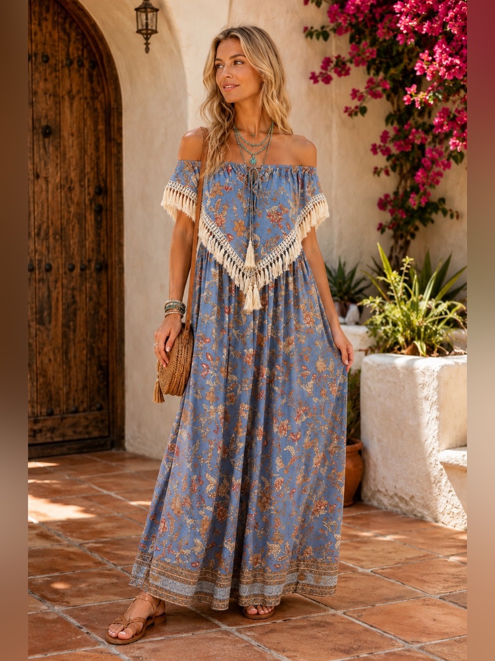 Luna Tuccini Boho Fringe Floral Maxi Dress Blue XL Festival Cottagecore Peasant
